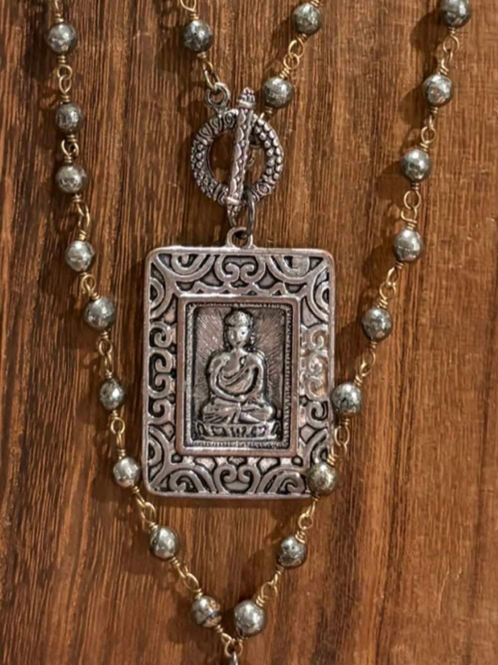 Layered Brown Bead Pendant Necklace with Clear Teardrop & Budha pendant set - Picture 6 of 6